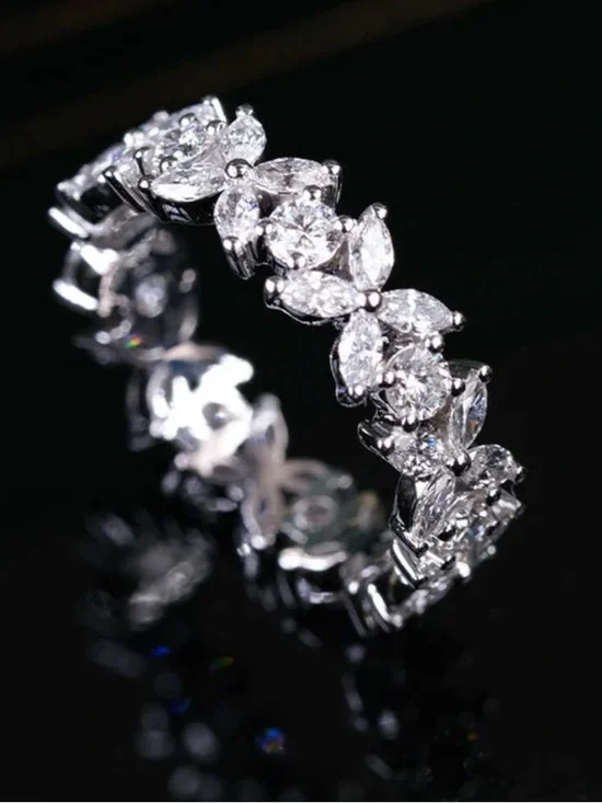 Delicate Leaf-Style Zirconia Eternity Band - Silver Tone