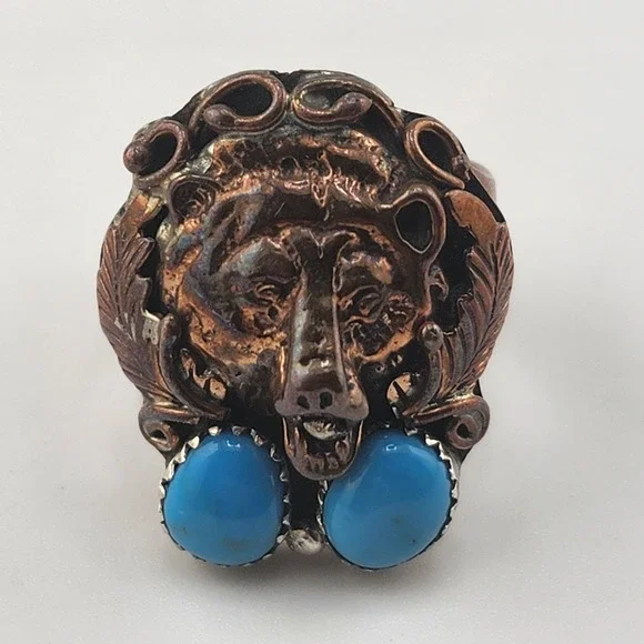 Vintage Running Bear Sterling‎ Silver Copper Turquoise Bear Ring Size 9.5