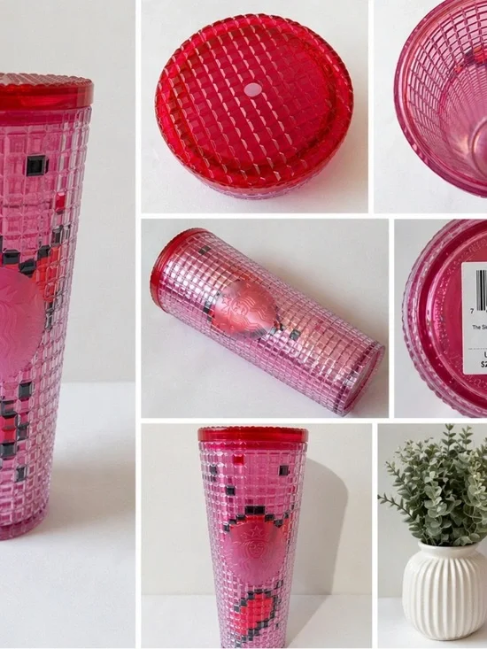 Starbucks Pink Studded Heart Tumbler 24oz Cold Cup Red Lid Valentine Limited