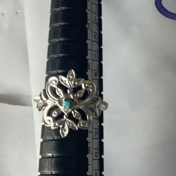 Vintage Style Silver Tone Filigree Floral Ring Blue Faux‎ Turquoise Size 7