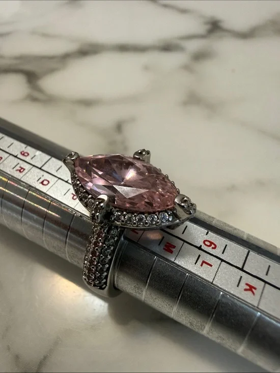 Silver ring with marquise cut pink CZs, size 7