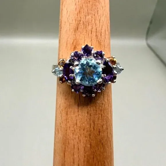 925 Sterling Silver Blue Topaz Amethyst Citrine Cluster Ring Size 7.75