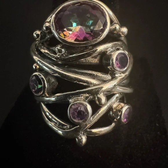 Elegant Sterling Silver and Purple mystic, topaz, and amethyst Gemstone‎ Ring