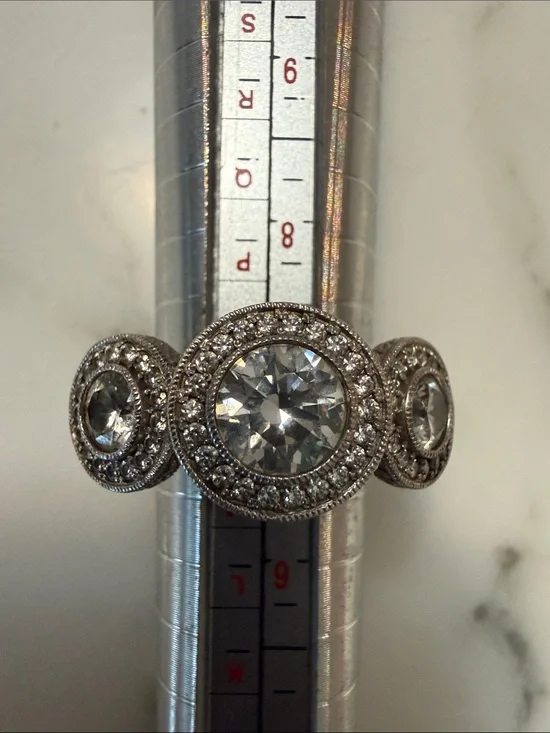 Sterling silver triple setting halo ring with CZs, size 7