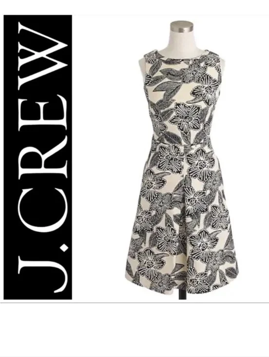 🌺J.Crew Floral Cutout Back Fit & Flare Dress Black Ivory Size 6 Pockets