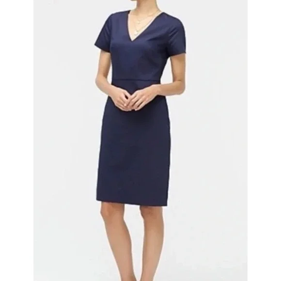 J. Crew Short Sleeve Wool Blend Shift Dress Navy Blue V Neck Knee Length Size 2