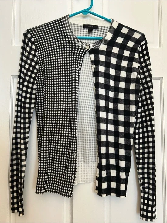 J. Crew Black & White Mixed Gingham Cardigan