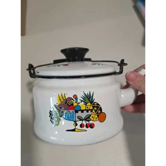Vintage Bergen Enamelware Teapot Fruit Bowl Graphic White Enamel Tea Kettle