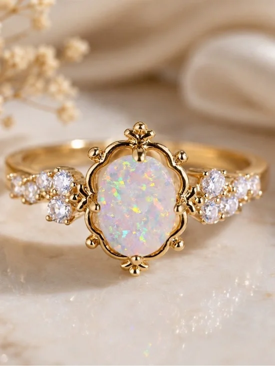 Vintage Style White Fire Opal Ring Gold Tone Romantic Bridal Statement Jewelry 8