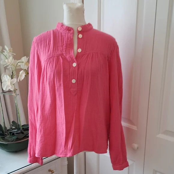 J.Crew Womens Soft Gauze Begonia Pink Cotton Preppy/Summer Tunic Blouse‎ M