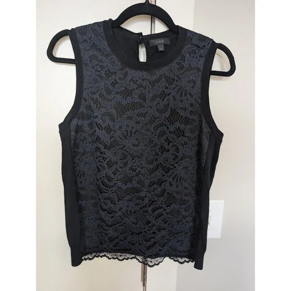 J. Crew Navy Sleeveless Top Merino With Lace Overlay M