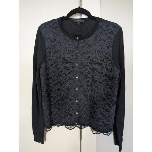J. Crew Navy Cardigan With Lace Overlay Merino Wool L Classic Preppy