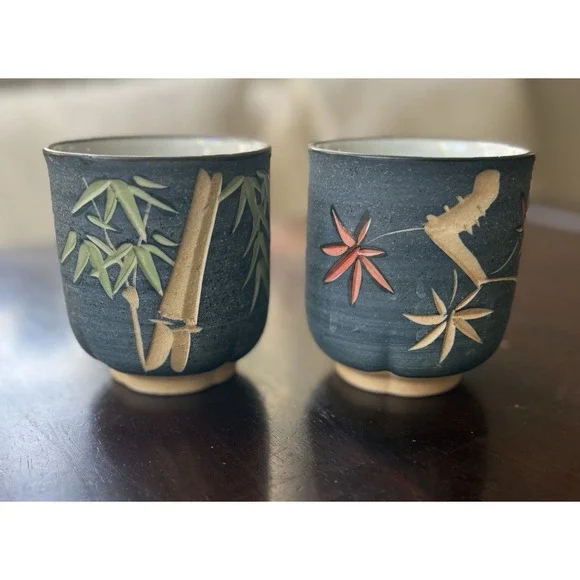 Two (2) Tea Cups Yunomi Plum Blossom 4