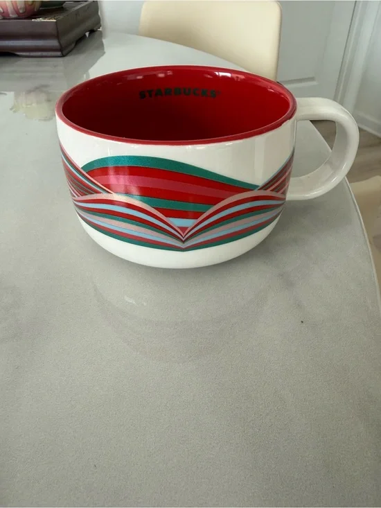 Starbucks White Ceramic Mug with Red Interior and Red-Green Wave Pattern