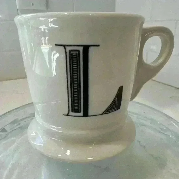 Anthropologie Letter L Initial Coffee Mug White Black Retro Shaving Cup Monogram