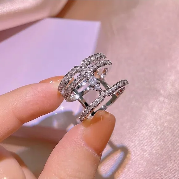 Silver Crystal Triple-Row Openwork Ring