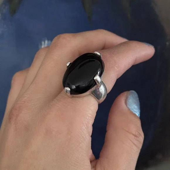 925‎ Sterling Silver Vintage Real Black Onyx Gemstone Ring