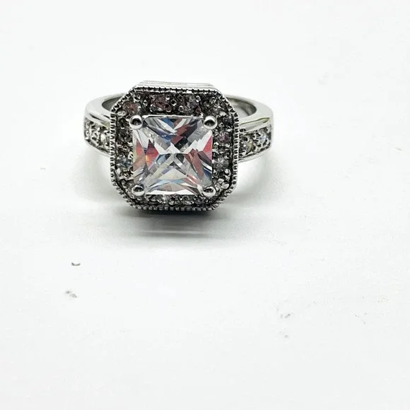 Silver Tone Statement Ring Clear CZ Asscher Cut Halo Cocktail Dinner Bridal