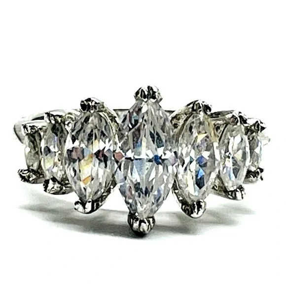 Clear Rhinestone Statement Ring Silver Tone Marquise Cut Cocktail Dinner Bridal