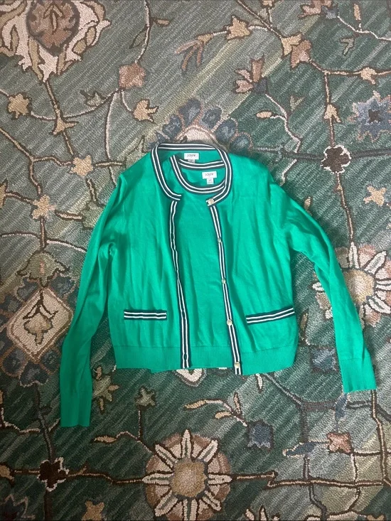J. Crew Emerald Green Button-Front Cardigan Navy & White Trim & Matching Tank