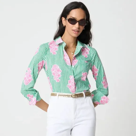 NWT J Crew Lightweight cotton shirt signature fit Summer Green Pink Women L $98