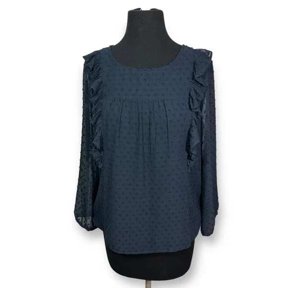 J. Crew Ruffle Blouse Swiss Dot Long Sleeve Top Elegant‎ Navy Blue Size 6