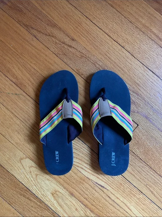 J. Crew Navy Flip Flops with Multicolor Striped Straps