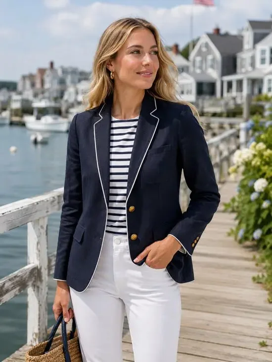 J.CREW Linen Blazer White Trim Gold Buttons Classic Navy Blue‎ 2 Nautical Preppy