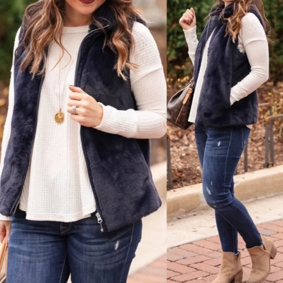 NWT J.Crew Navy Blue Faux Fur Vest - Size XS
