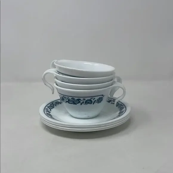 4 sets Corelle Corning Old Town Blue Hook Stacking Coffee Tea Cups With Saucers
