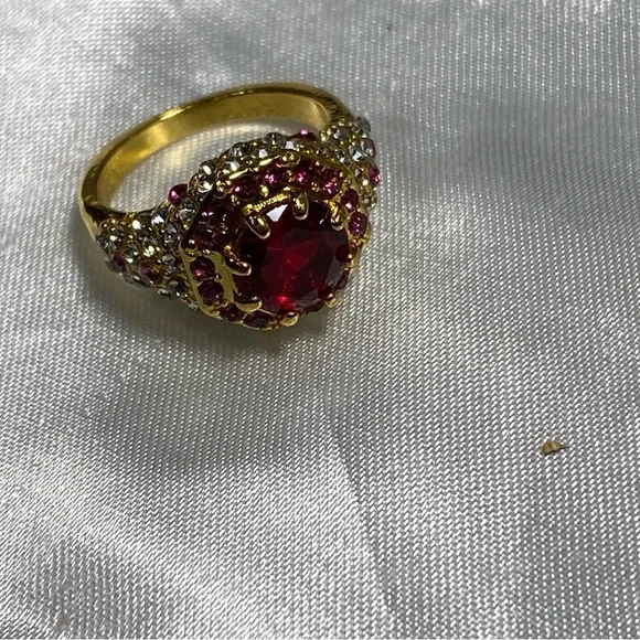 Gold Style Ring with Red Gemstone and Crystal Accents, costume jewelry