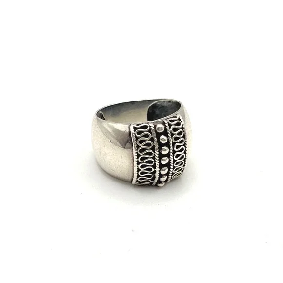 Sterling Silver 925 Balinese Scroll Beaded Wide Cigar Band Statement Ring Size 7