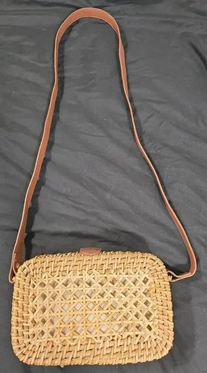 J.Crew Rattan Wicker Crossbody Bag Natural Straw Brown Faux Leather Summer Boho