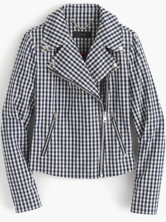 J.Crew Gingham Moto Jacket Size 6 NWT Navy White Check Biker Jacket