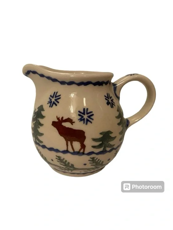 POLISH POTTERY CREAMER MINI PITCHER BLUE WHITE GREEN HANDMADE HOME BOLESLAWIEC