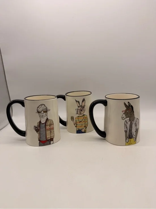 SIGNATURE HOUSEWARES Animal Hipster MUGS Cups 17.5 Oz Stoneware-Set of 3
