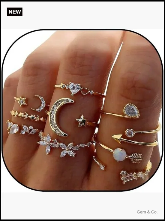 Star Moon Heart Stackable Ring Set for Women