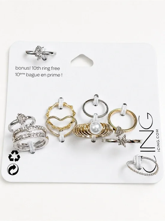 Icing Mixed Gold & Silver Pearl and Crystal Stackable Ring Set‎ NWT