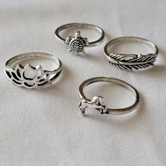 Lot of Four Fashion Rings | Nature Themed Feather Lotus Flower Horse Turtle