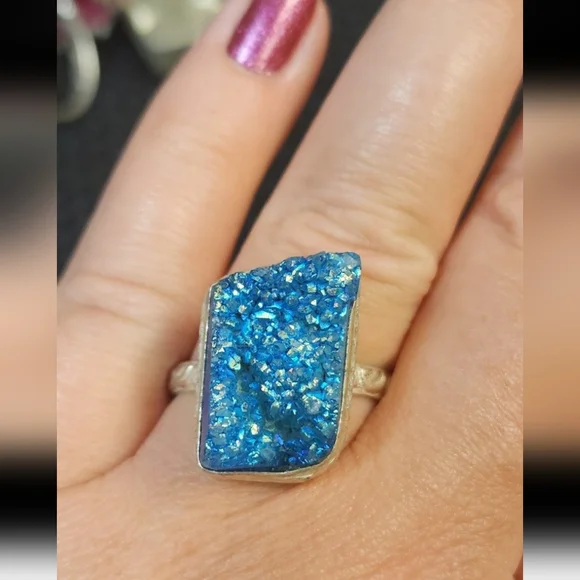 Blue Druzy Crystal Ring Silver Tone Size 11 Handmade 925 ? Signed
