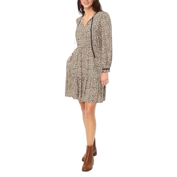 J.‎ Crew Black Floral Long Sleeve Tie Neck Dress Size 4