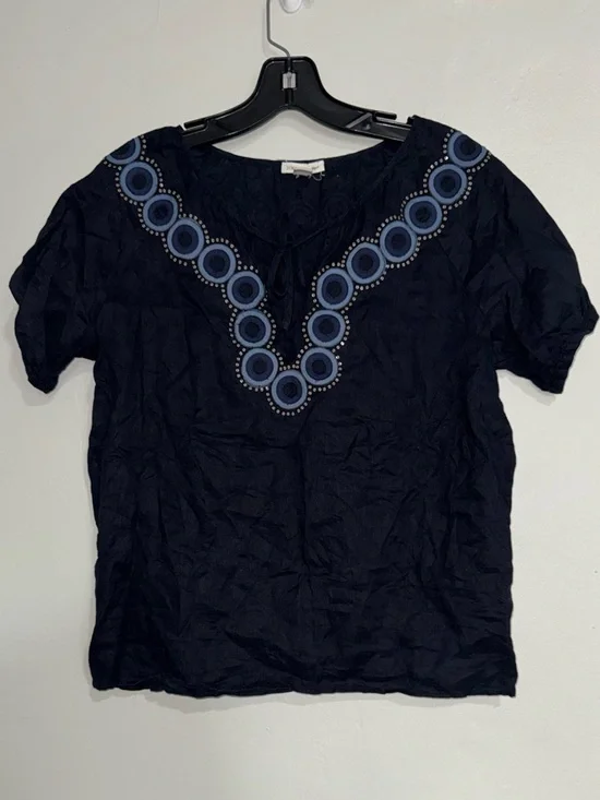 J. Crew Linen Navy Short-Sleeve Embroidered V-Neck Blouse