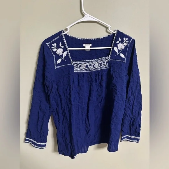 J. Crew Top Size XS Cottage Boho Square Neck Embroidered Blue Floral Peasant