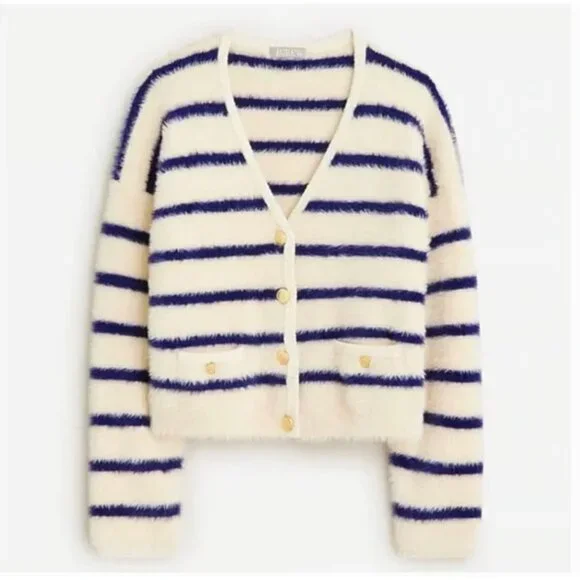 NWT J.Crew Sweater Lady Jacket in Warm Sesame Indigo Striped Brushed Yarn S