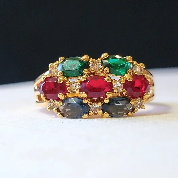 Multi-gem Gold Tone Cocktail Ring Faux Emerald Sapphire Ruby and Diamond Vintage