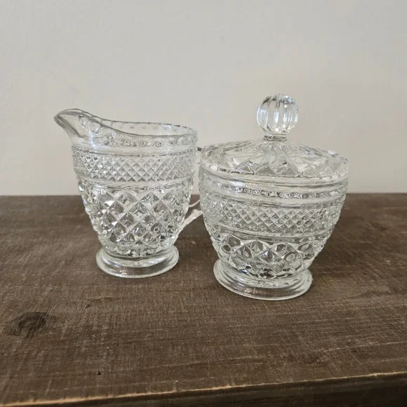Vintage Clear Pressed Glass Creamer and Sugar Bowl Set Diamond Point Pattern