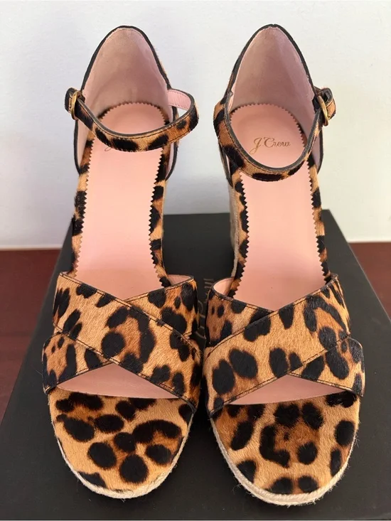 NIB J. Crew Leopard Cross Strap Espadrille Wedge Sandal 9.5