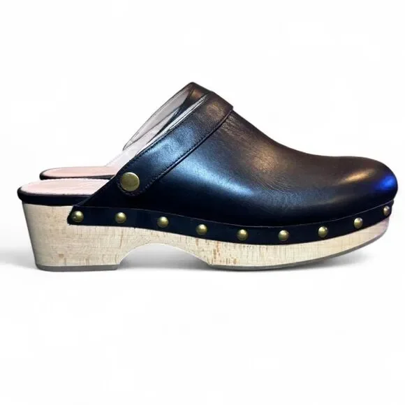 J.Crew BA188 Black Leather Studded Wood Clogs Women’s 10.5 Platform Mule