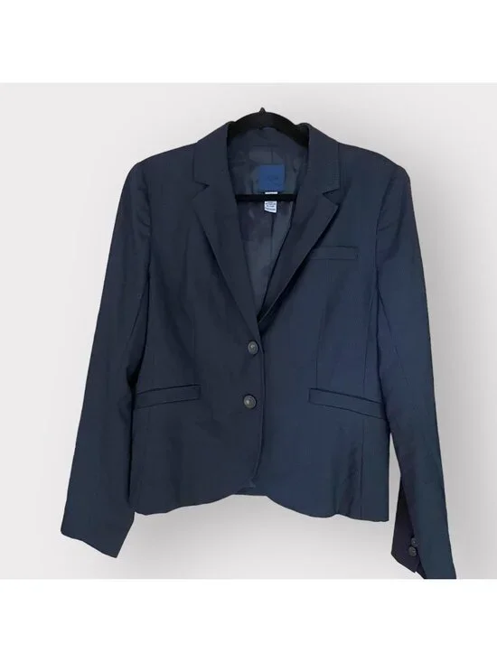 J.Crew Size 12 Navy Blue Pinstriped Wool Long Sleeve Two Button Blazer Jacket