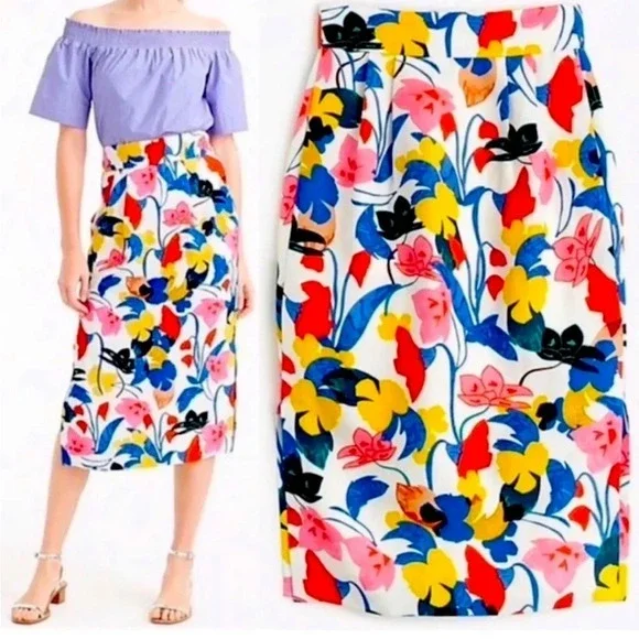 J crew size 0 Linen Blend Morning Floral‎ Midi Skirt Lined Spring Easter F2864